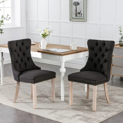 Tufted Upholstered Linen Dining Chair with Solid Wood Legs, Set of 2