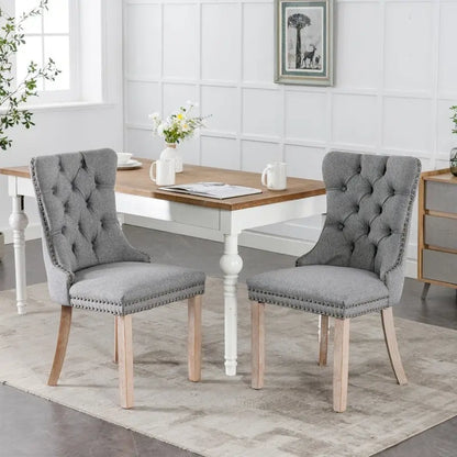 Tufted Upholstered Linen Dining Chair with Solid Wood Legs, Set of 2