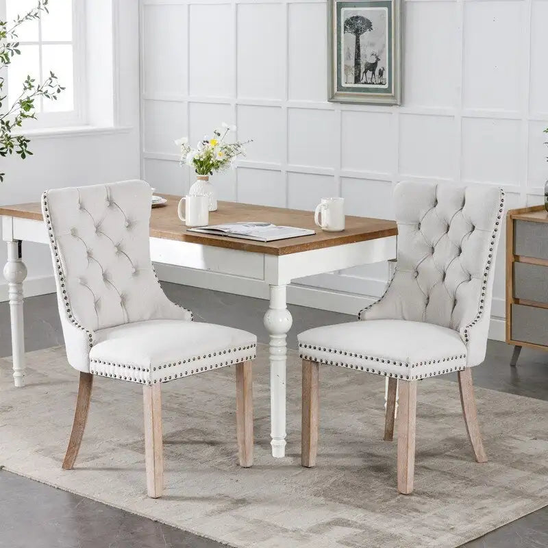 Tufted Upholstered Linen Dining Chair with Solid Wood Legs, Set of 2