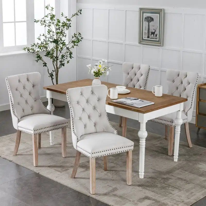 Tufted Upholstered Linen Dining Chair with Solid Wood Legs, Set of 2