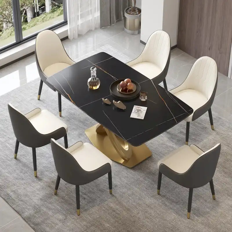 Contemporary Marble Dining Table with Gold Geometric Base