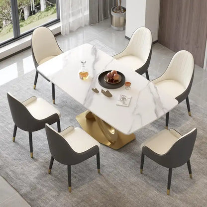 Contemporary Marble Dining Table with Gold Geometric Base