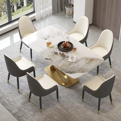 Contemporary Marble Dining Table with Gold Geometric Base