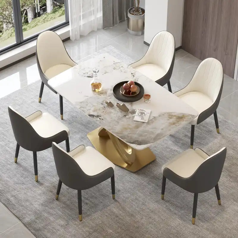 Contemporary Marble Dining Table with Gold Geometric Base
