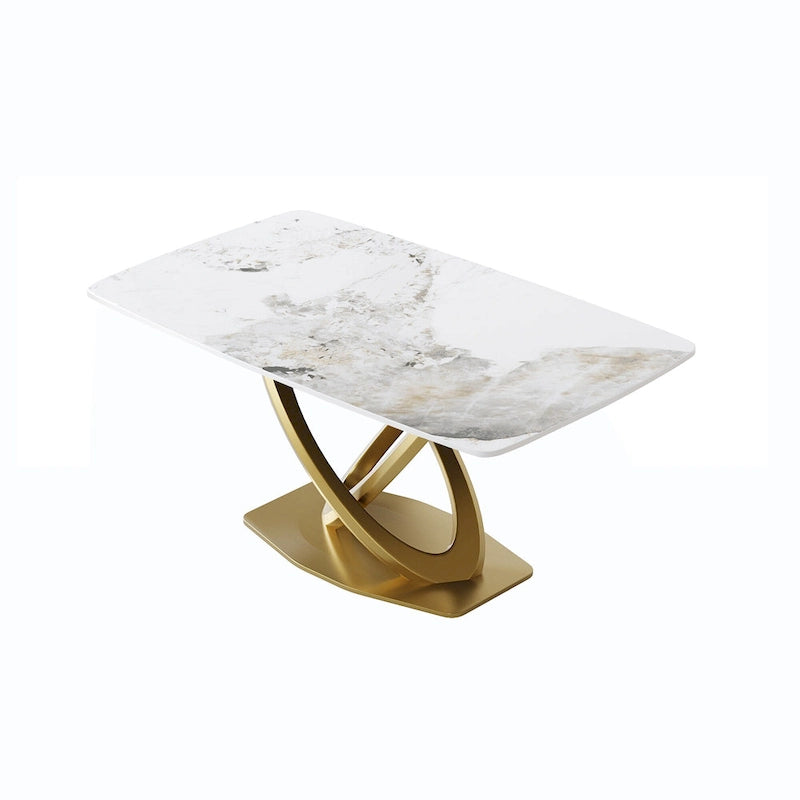 Contemporary Marble Dining Table with Gold Geometric Base