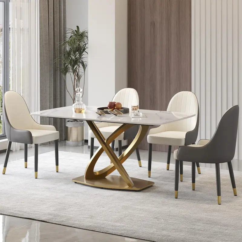 Contemporary Marble Dining Table with Gold Geometric Base