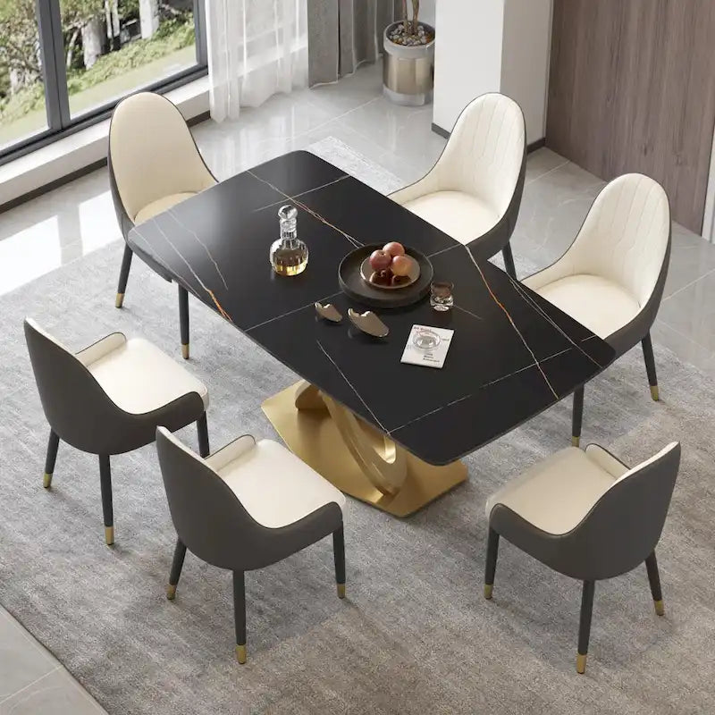 Contemporary Marble Dining Table with Gold Geometric Base