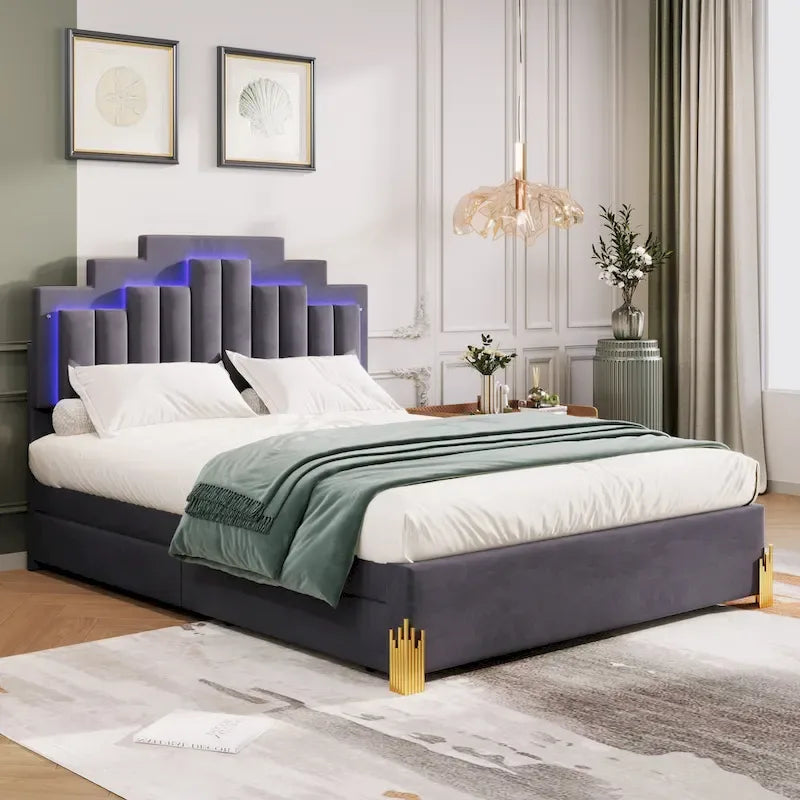 Queen Size Upholstered Platform Bed with LED Lights and 4 Drawers