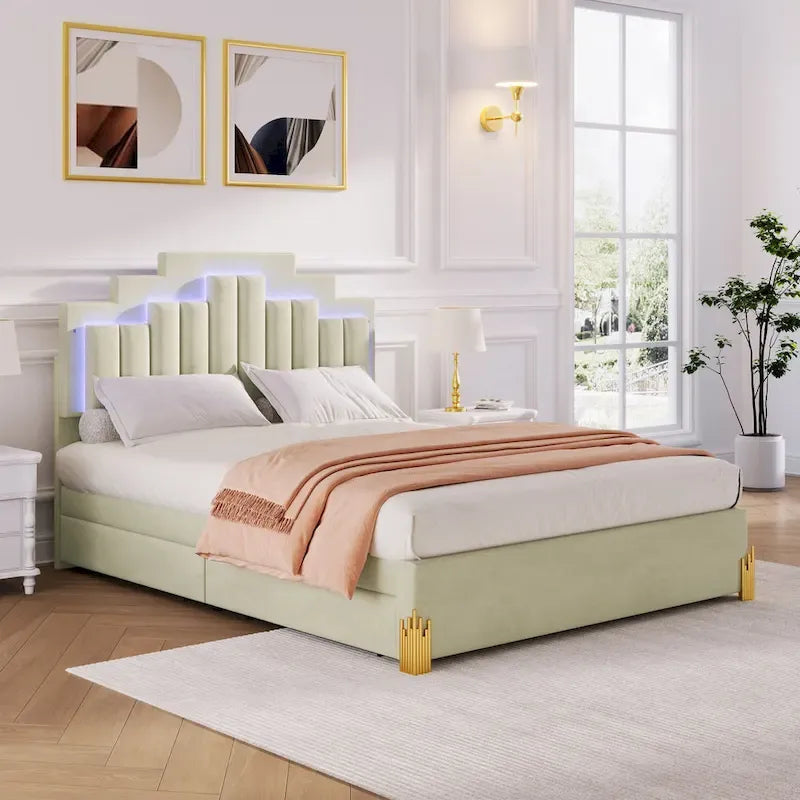 Queen Size Upholstered Platform Bed with LED Lights and 4 Drawers