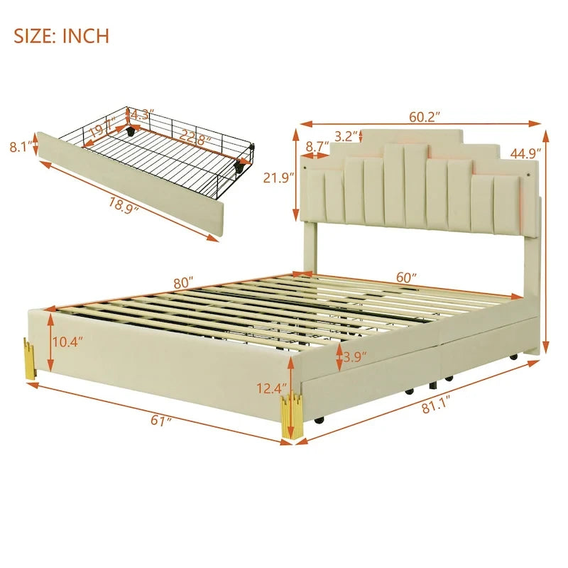 Queen Size Upholstered Platform Bed with LED Lights and 4 Drawers