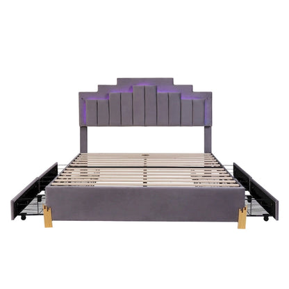 Queen Size Upholstered Platform Bed with LED Lights and 4 Drawers