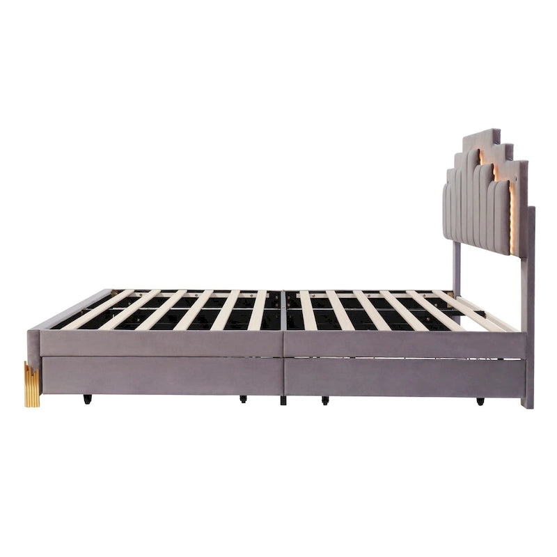 Queen Size Upholstered Platform Bed with LED Lights and 4 Drawers