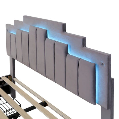 Queen Size Upholstered Platform Bed with LED Lights and 4 Drawers