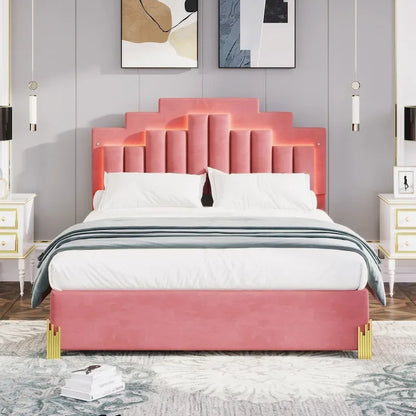 Queen Size Upholstered Platform Bed with LED Lights and 4 Drawers