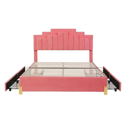 Queen Size Upholstered Platform Bed with LED Lights and 4 Drawers
