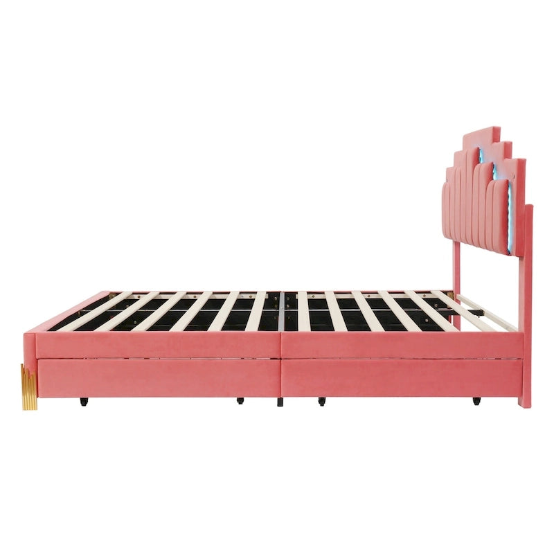 Queen Size Upholstered Platform Bed with LED Lights and 4 Drawers