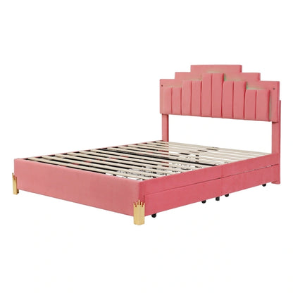 Queen Size Upholstered Platform Bed with LED Lights and 4 Drawers