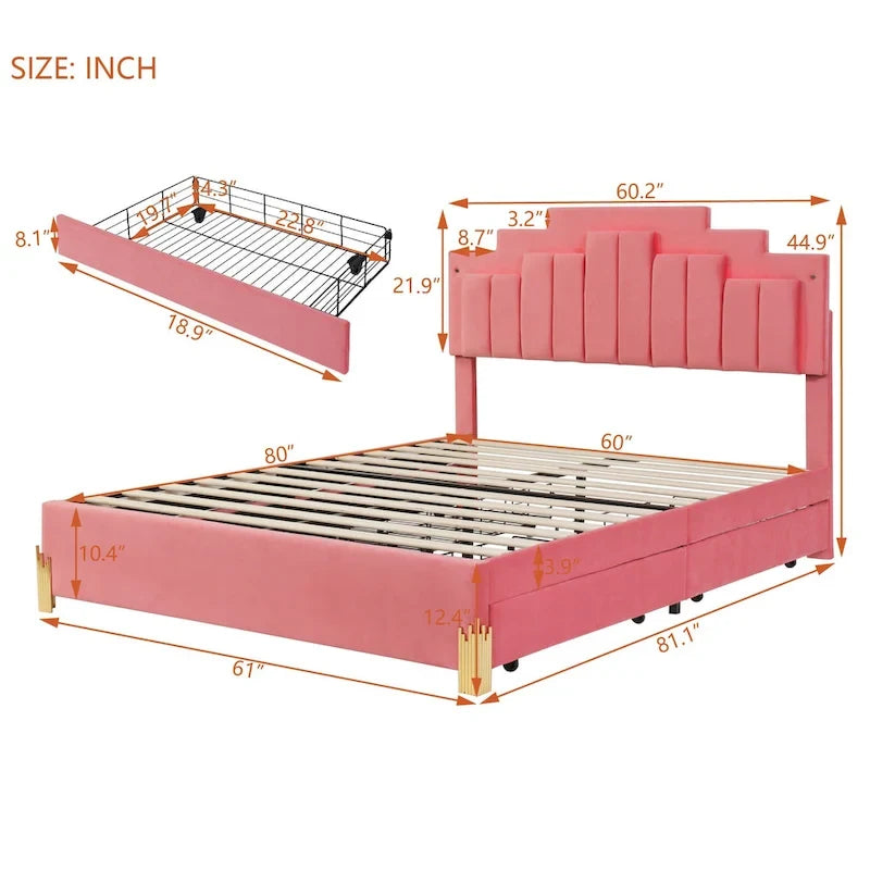 Queen Size Upholstered Platform Bed with LED Lights and 4 Drawers