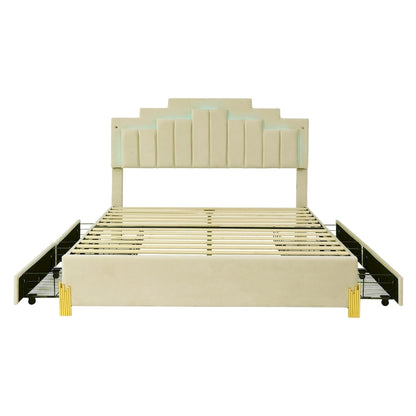 Queen Size Upholstered Platform Bed with LED Lights and 4 Drawers
