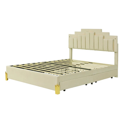 Queen Size Upholstered Platform Bed with LED Lights and 4 Drawers