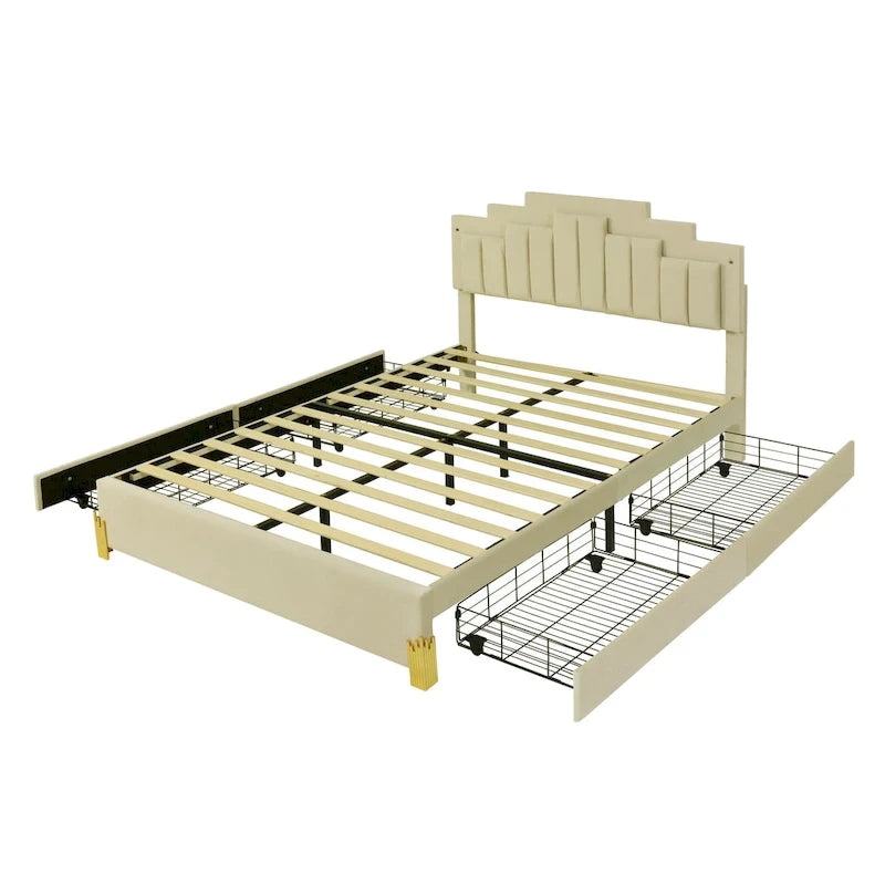 Queen Size Upholstered Platform Bed with LED Lights and 4 Drawers