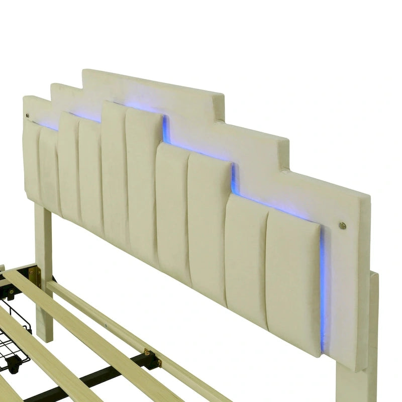 Queen Size Upholstered Platform Bed with LED Lights and 4 Drawers