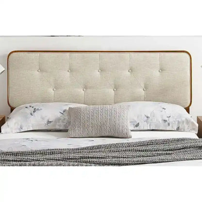 Glendale Traditional Beige Fabric Button Tufted King Walnut Wooden Headboard