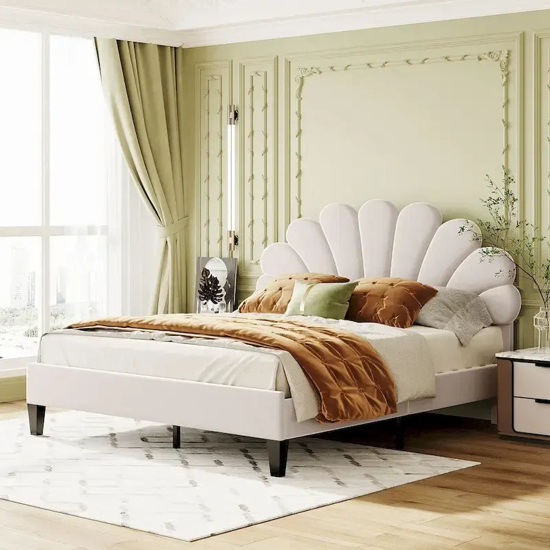 Queen Size Upholstered Platform Bed with Flower Pattern