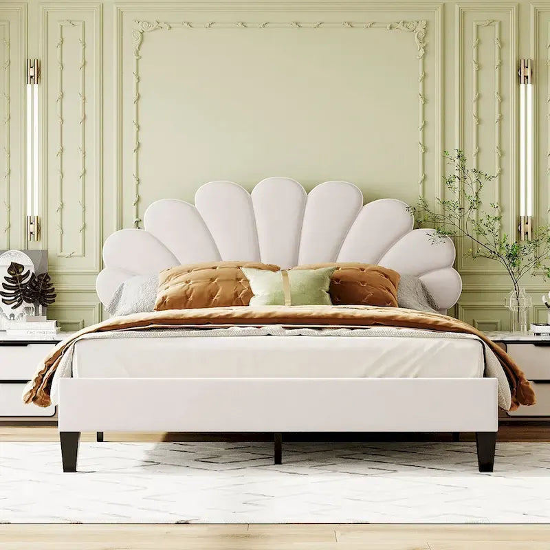 Queen Size Upholstered Platform Bed with Flower Pattern