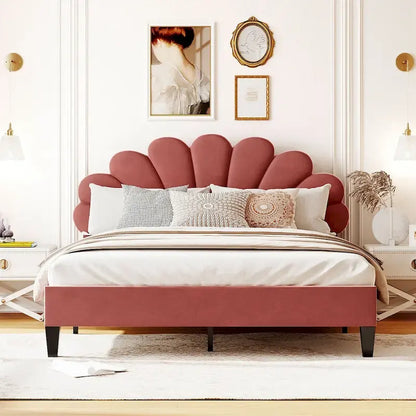 Queen Size Upholstered Platform Bed with Flower Pattern