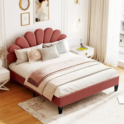 Queen Size Upholstered Platform Bed with Flower Pattern