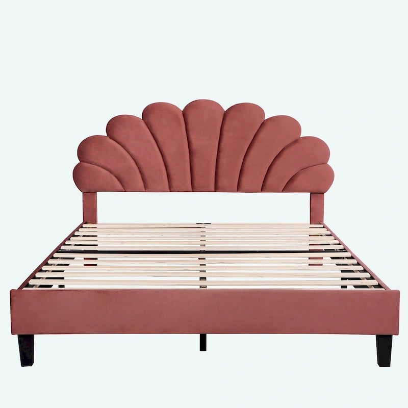 Queen Size Upholstered Platform Bed with Flower Pattern