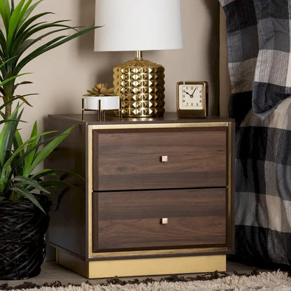 Cormac Transitional Wood/ Metal 2-Drawer Nightstand-Walnut/ Dark Brown