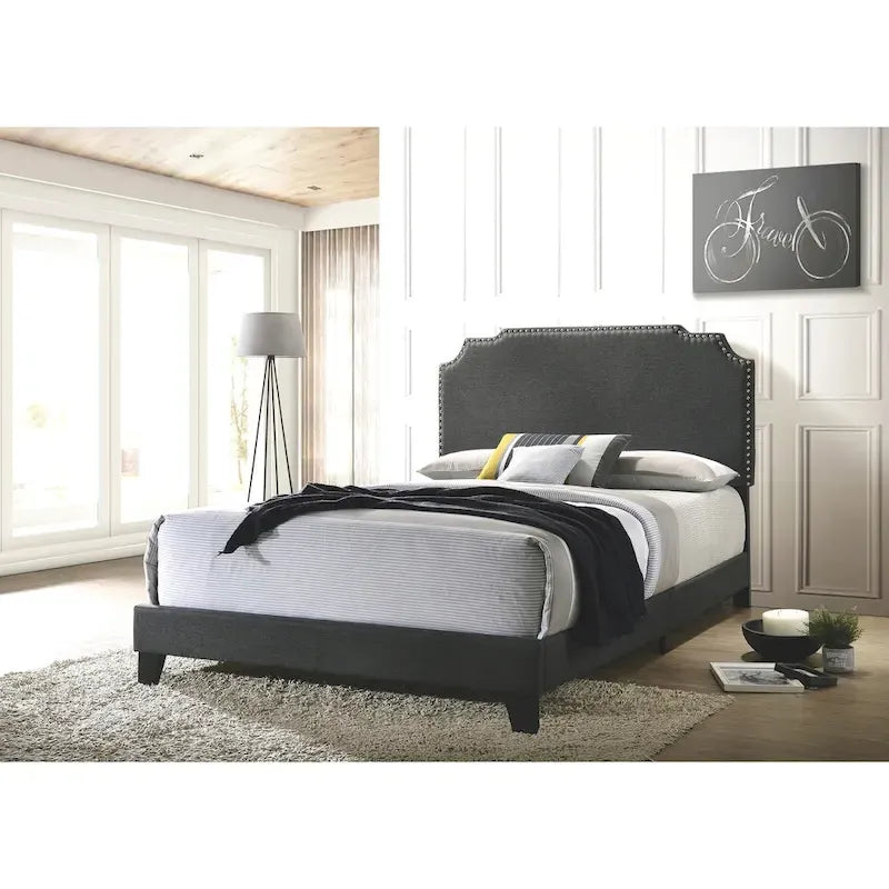 Modern Design Grey Upholstered Bed with Nailhead Trim
