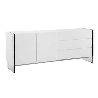 IL VETRO buffet-server in high gloss white lacquer with clear glass.