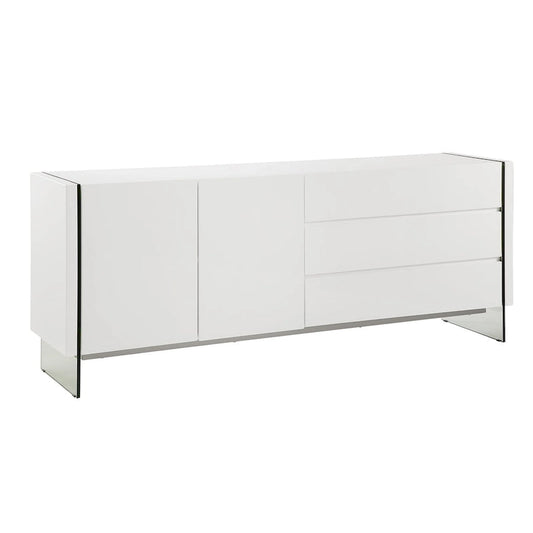 IL VETRO buffet-server in high gloss white lacquer with clear glass.
