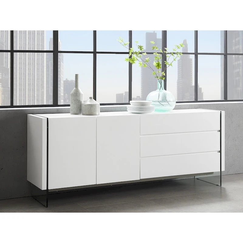 IL VETRO buffet-server in high gloss white lacquer with clear glass.