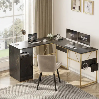 60 L Shaped Desk with Storage Cabinet Office Computer Desk