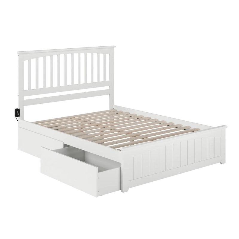 Mission Queen Platform Bed with Matching Foot Board with 2 Urban Bed Drawers in White