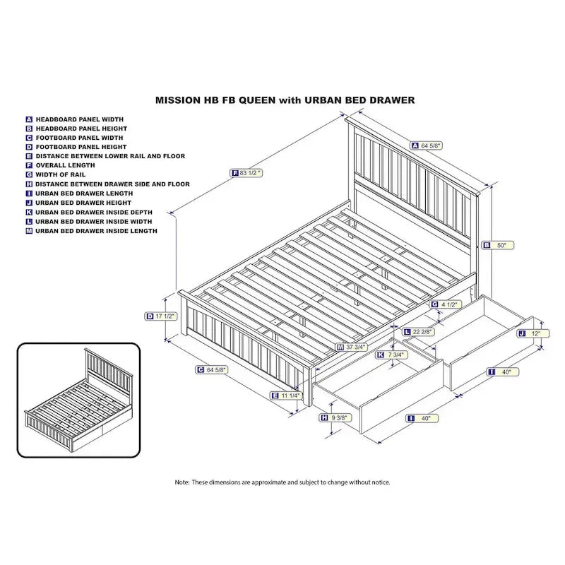 Mission Queen Platform Bed with Matching Foot Board with 2 Urban Bed Drawers in White