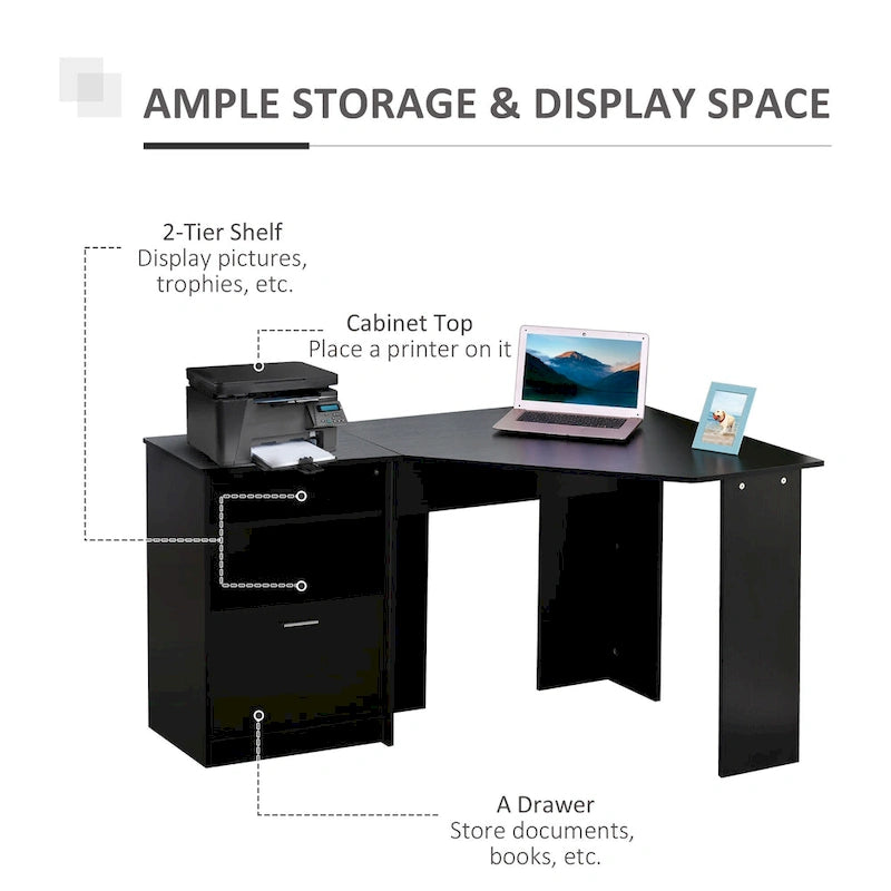 HOMCOM Computer Desk with Printer Cabinet, L-Shaped Corner Desk with Storage, Study PC Workstation for Home Office