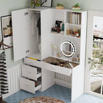 Wardrobe & Desk Ensemble - Space-Saving Bedroom Set Make Vanity Table