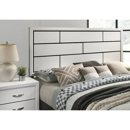 Roundhill Furniture Stout Contemporary Panel Bedroom Set in White Finish with Panel Bed, Dresser, Mirror, 2 Night Stands
