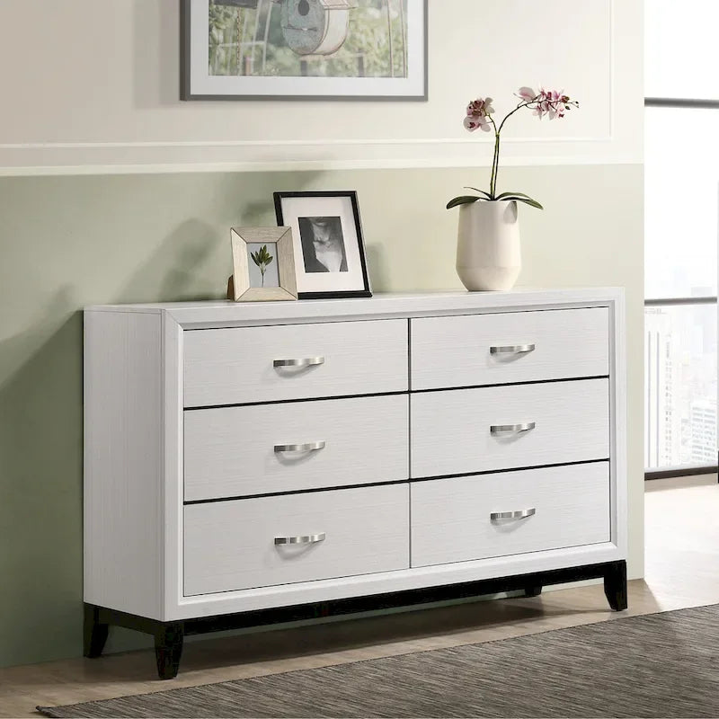 Roundhill Furniture Stout Contemporary Panel Bedroom Set in White Finish with Panel Bed, Dresser, Mirror, 2 Night Stands
