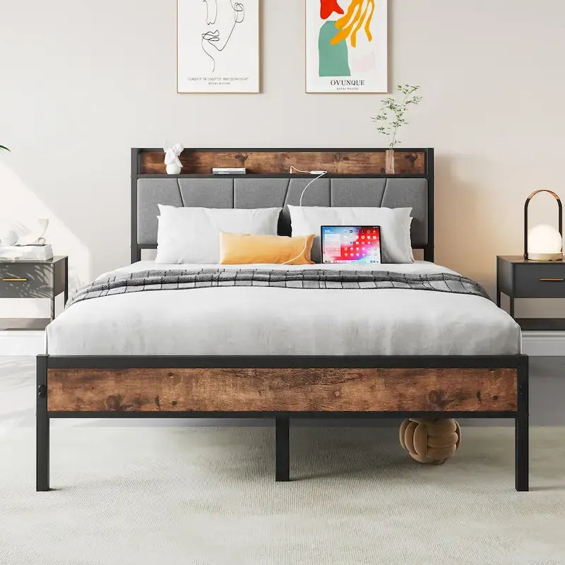 Full Size Bed Storage Headboard with Charging Station