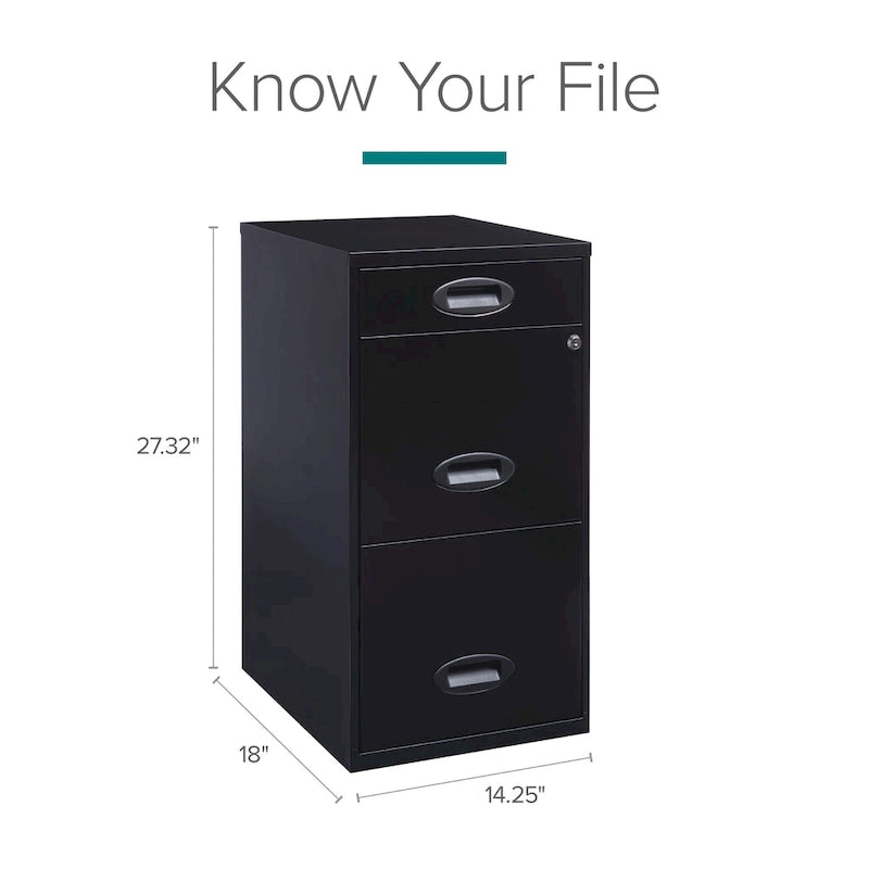 Space Solutions 18in. Deep 3 Drawer Metal Organizer File Cabinet with Pencil Drawer, Black