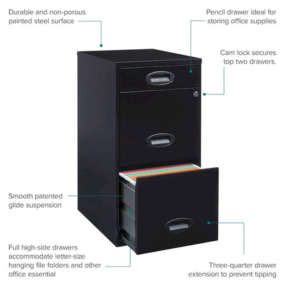 Space Solutions 18in. Deep 3 Drawer Metal Organizer File Cabinet with Pencil Drawer, Black