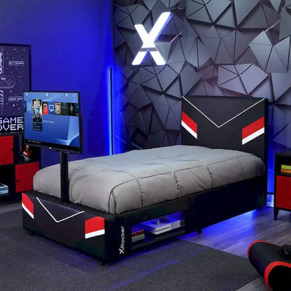 X Rocker Orion eSports Gaming Bed Frame with TV Mount, Black/Red, Twin