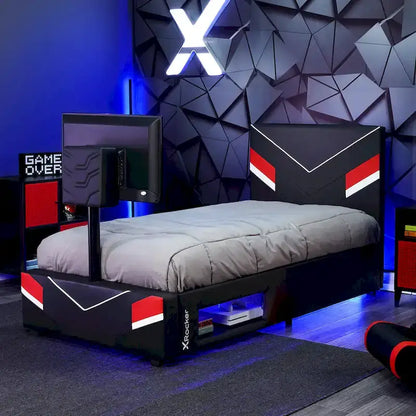 X Rocker Orion eSports Gaming Bed Frame with TV Mount, Black/Red, Twin