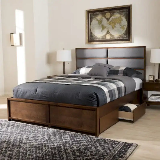 Strick & Bolton Mori Contemporary Grey Fabric and Walnut Wood Storage Bed